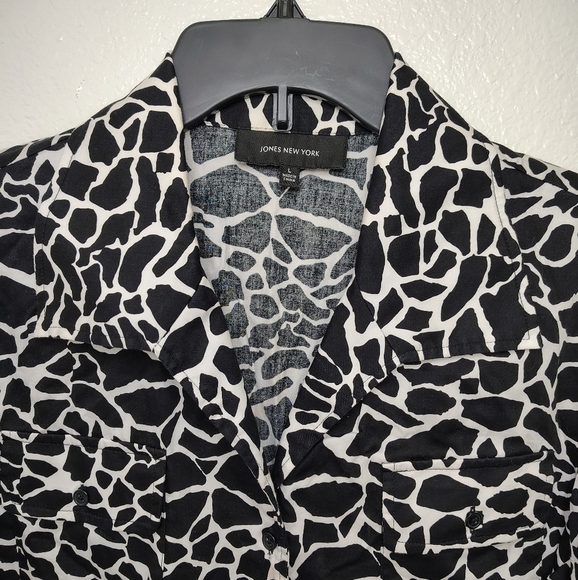 JONES NEW YORK Women's Cotton Blouse Long Sleeve Animal Print Black White L - Picture 4 of 10